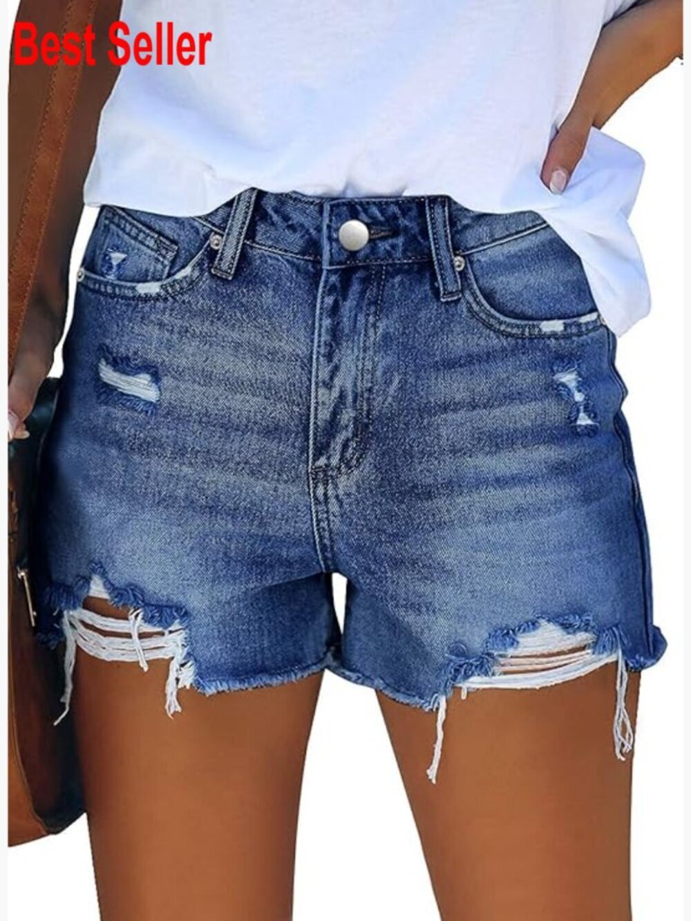 Mid-High Waisted Ripped Denim Shorts Stretchy Summer Jean Shorts